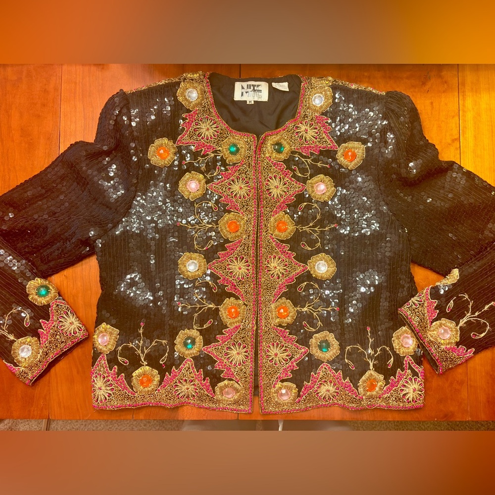 Vintage 1980s Silk Beaded Bolero Jacket Blazer Multicolor Rhinestones Sequin Med